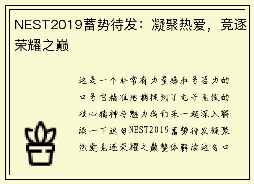 NEST2019蓄势待发：凝聚热爱，竞逐荣耀之巅